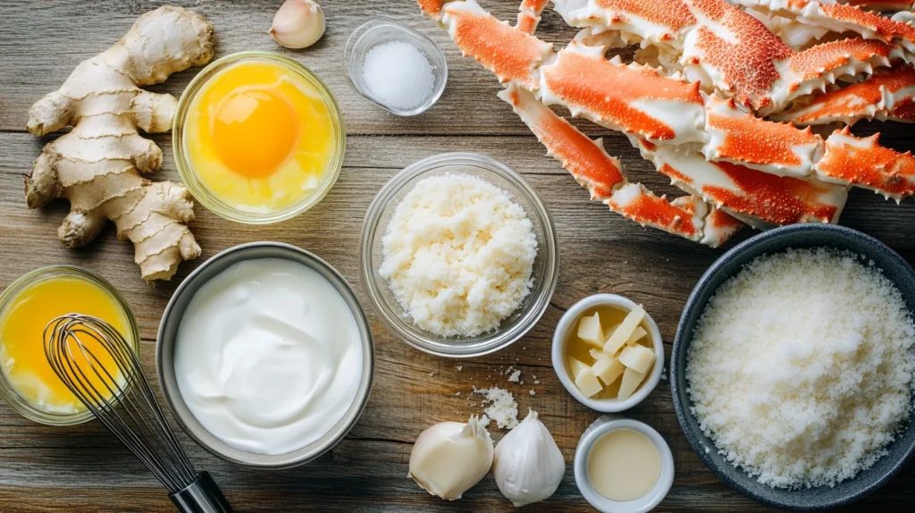 Top-down view of fresh crab meat, cream, egg yolks, sugar, grated Parmesan cheese, pickled ginger, and minced garlic, neatly arranged with ramekins and a whisk on a wooden countertop.