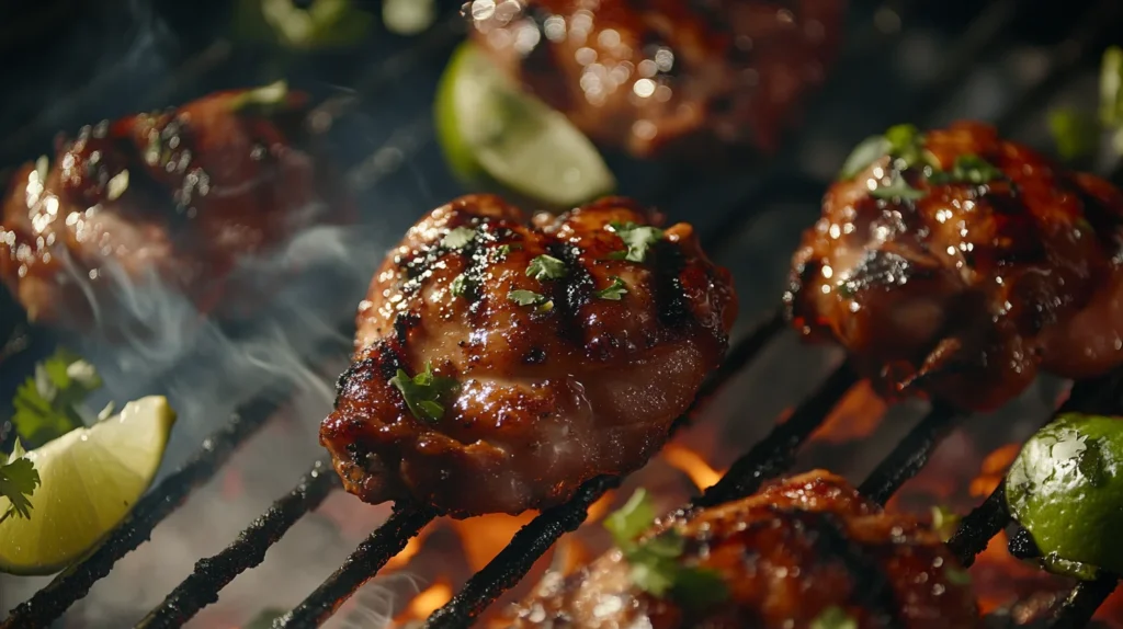 Chicken thighs sizzling on a grill with charred edges and smoky grill marks, brushed with marinade. Lime wedges and cilantro sprigs surround the chicken, while light smoke rises, creating a mouthwatering outdoor grilling scene.