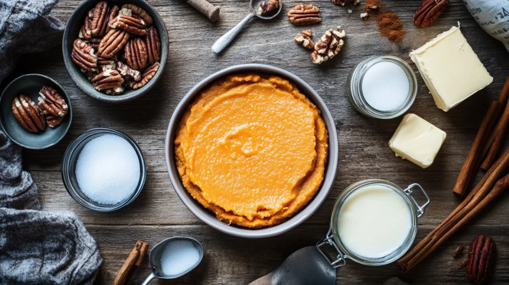 Flat lay of pumpkin dump cake ingredients on a rustic wooden table, including canned pumpkin, evaporated milk, sugar, jars of spices, a box of yellow cake mix, butter, chopped pecans, measuring cups, and spoons.