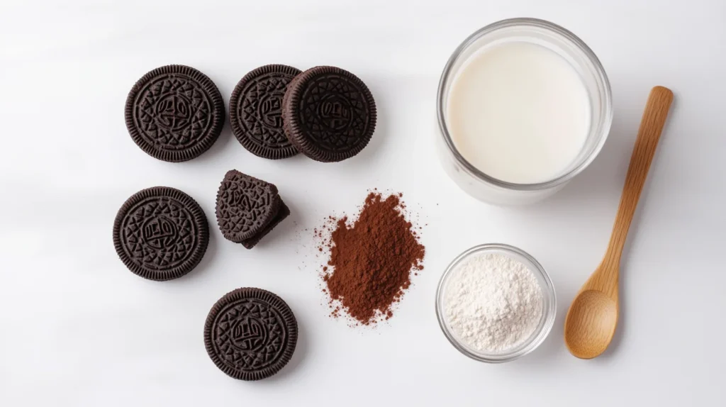 Flat-lay image of ingredients for an Oreo mug cake recipe, including Oreo cookies, a glass of milk, small bowls of flour, cocoa powder, and sugar, with a wooden spoon placed on a clean white background.