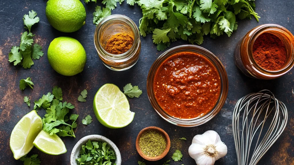 An overhead view of a rustic table displaying fresh ingredients for a Mexican chicken marinade, including lime halves, minced garlic, ground cumin, chili powder, smoked paprika, olive oil, and chipotle peppers in adobo sauce. Fresh cilantro and a whisk complete the vibrant setup