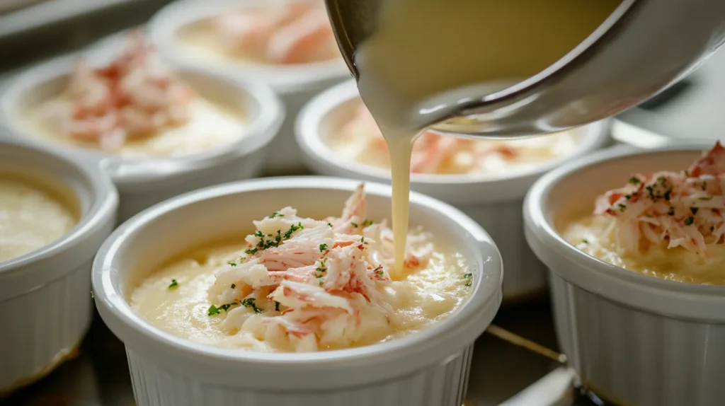 Close-up of crab meat being layered into white ramekins, with creamy custard being gently poured over, all set in a roasting tray ready for baking.