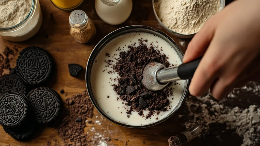 Close-up of hands stirring crushed Oreo cookies and milk in a white mug, surrounded by bowls of flour, cocoa powder, and sugar, set in a warm kitchen environment