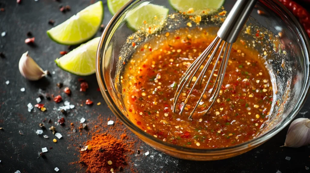 A close-up of a bowl filled with freshly whisked golden-orange marinade. The thick marinade glistens, surrounded by lime wedges, minced garlic, chili powder, and a partially submerged whisk, emphasizing freshness and vibrant flavors.