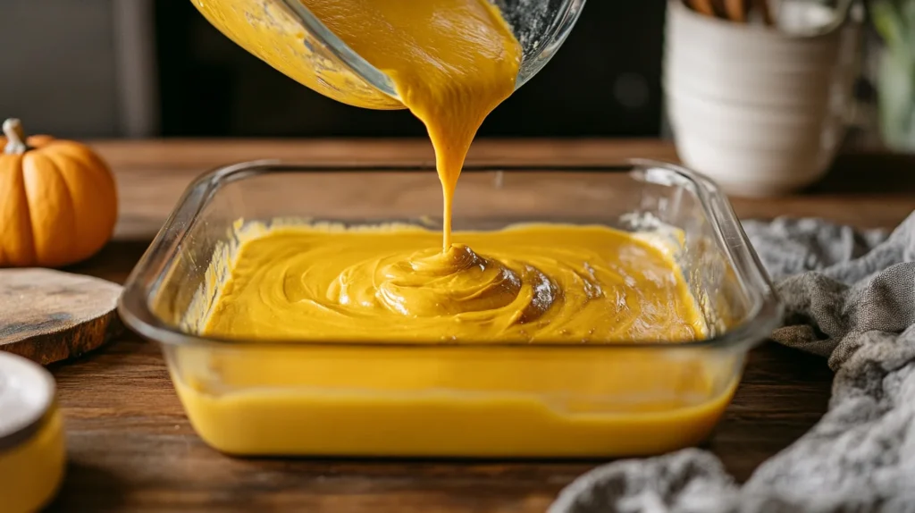 Step in the pumpkin dump cake preparation process showing pumpkin mixture being poured into a greased 9x13-inch baking dish. Nearby are a box of dry yellow cake mix and a bowl of melted butter, ready to be added.