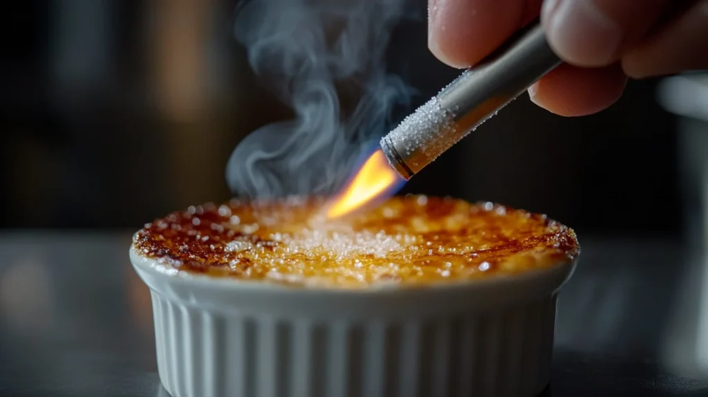 Close-up of a kitchen torch caramelizing the sugar topping on a ramekin of crab brulee, with golden-brown sugar bubbling under the flame.