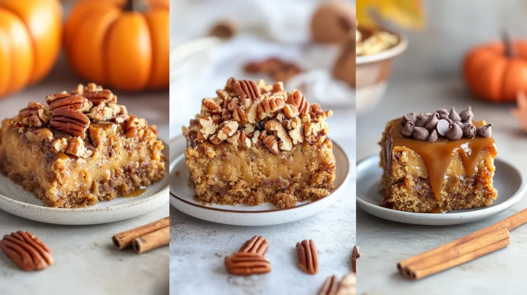 Collage of three pumpkin dump cake variations: one with a pecan topping, another drizzled with caramel, and a third featuring chocolate chips. Each is served on small plates with fall-themed decorations in the background, like cinnamon sticks and mini pumpkins.