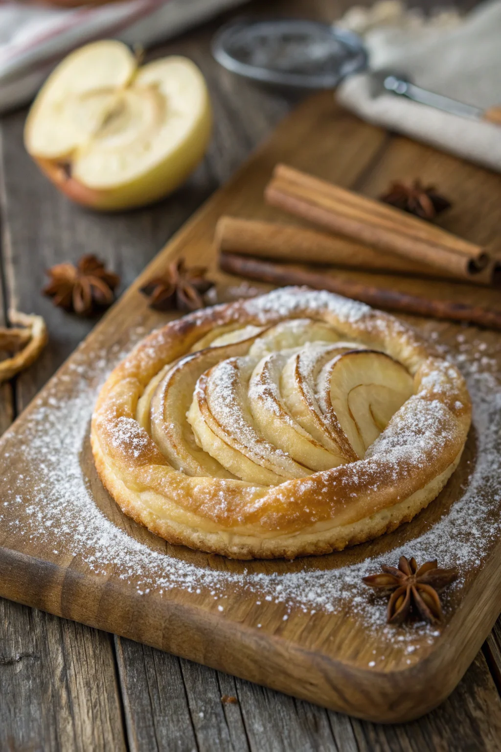 Golden apple puff pastry with cinnamon garnish.