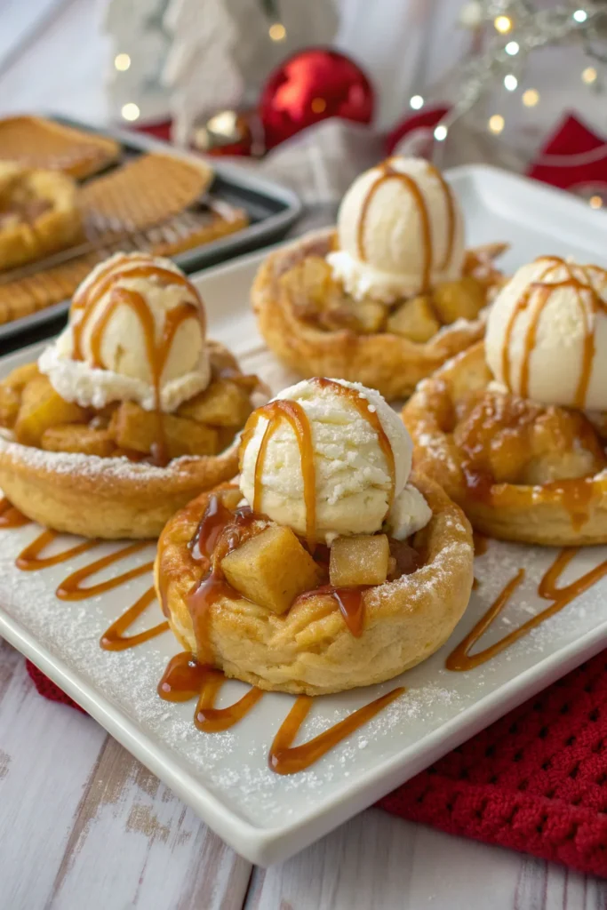 Apple puff pastries with caramel and ice cream.