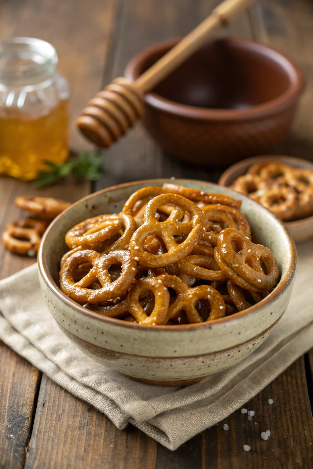 Honey mustard pretzels in a bowl with mustard and honey.