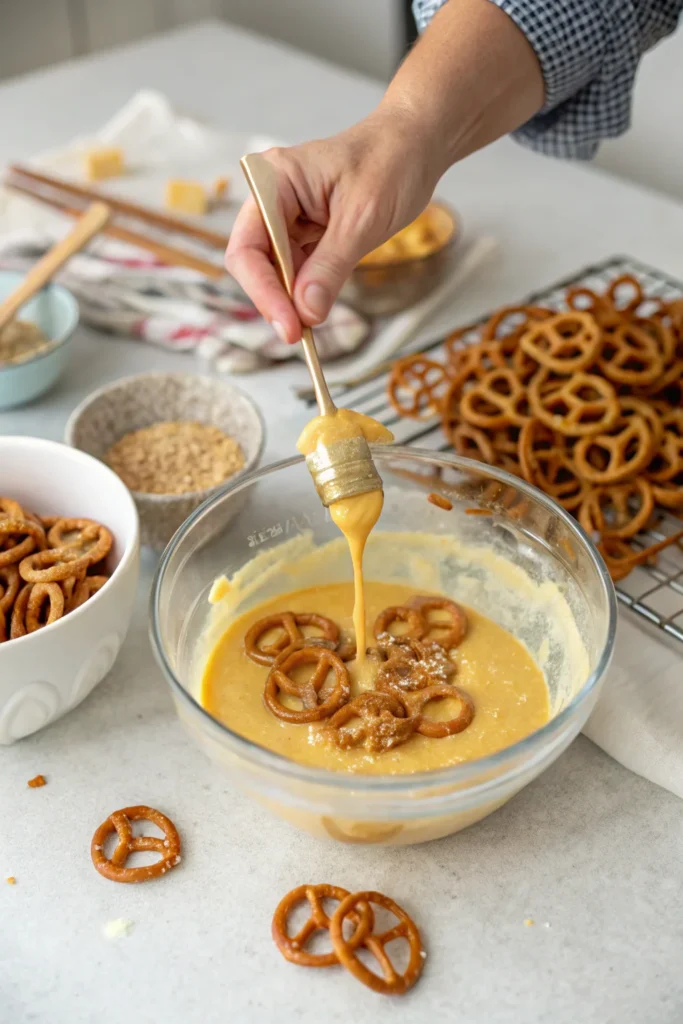 Making honey mustard pretzels at home.