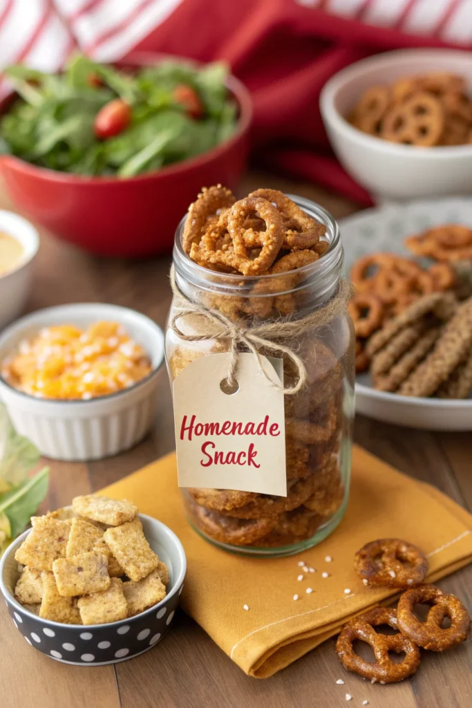 Honey mustard pretzels in a mason jar with creative uses displayed.