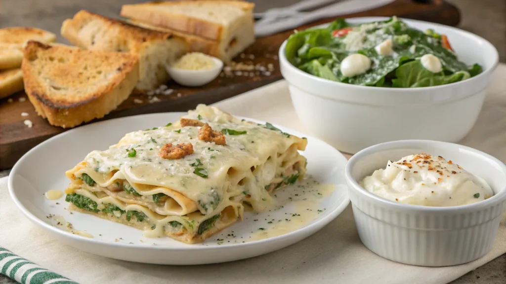 Alfredo lasagna served with garlic bread and salad