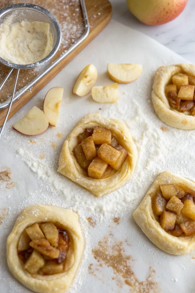 Filling apple puff pastries with apple filling.