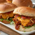 Barbecue chicken sliders with melted cheese on a platter.