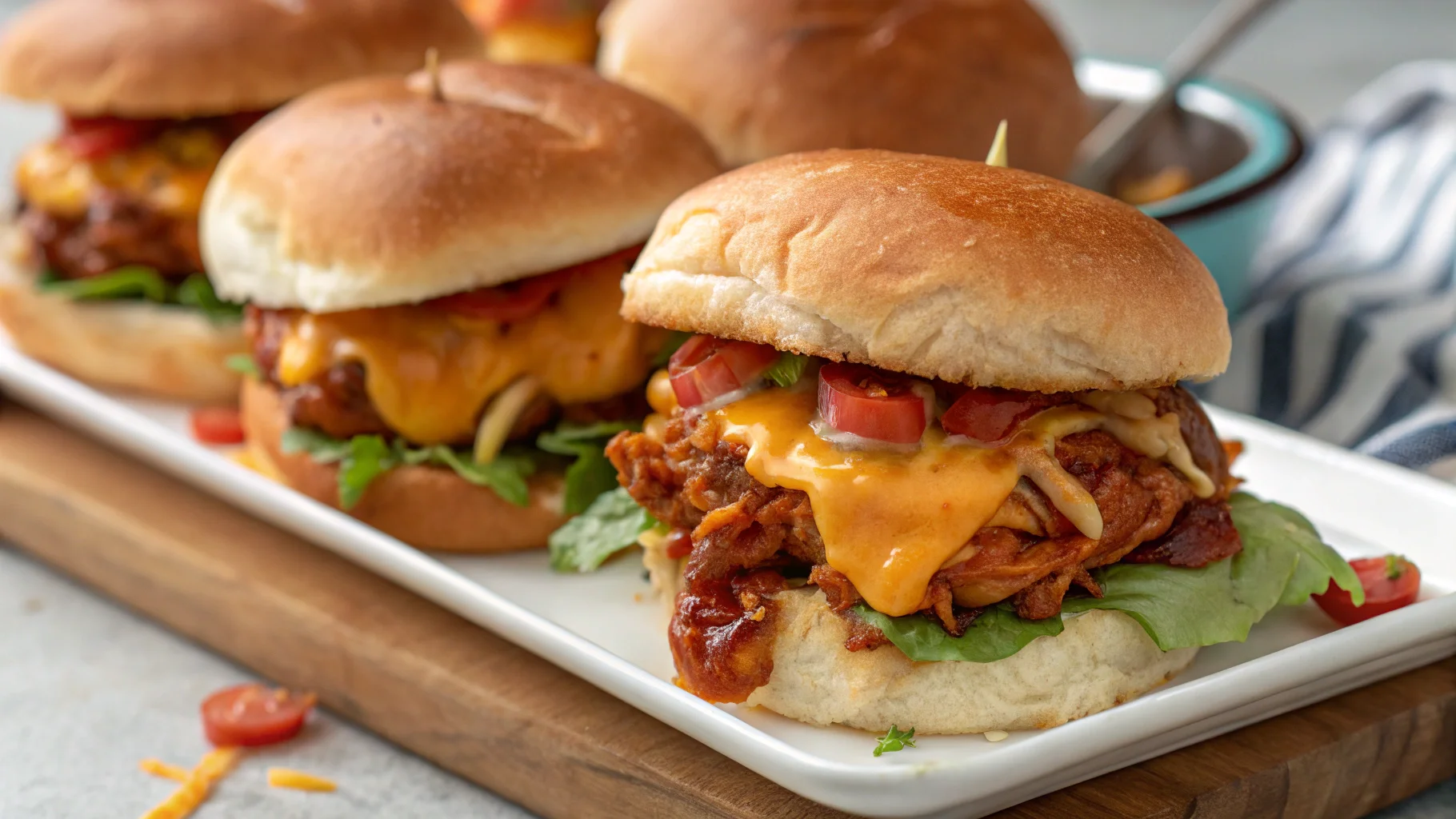 Barbecue chicken sliders with melted cheese on a platter.