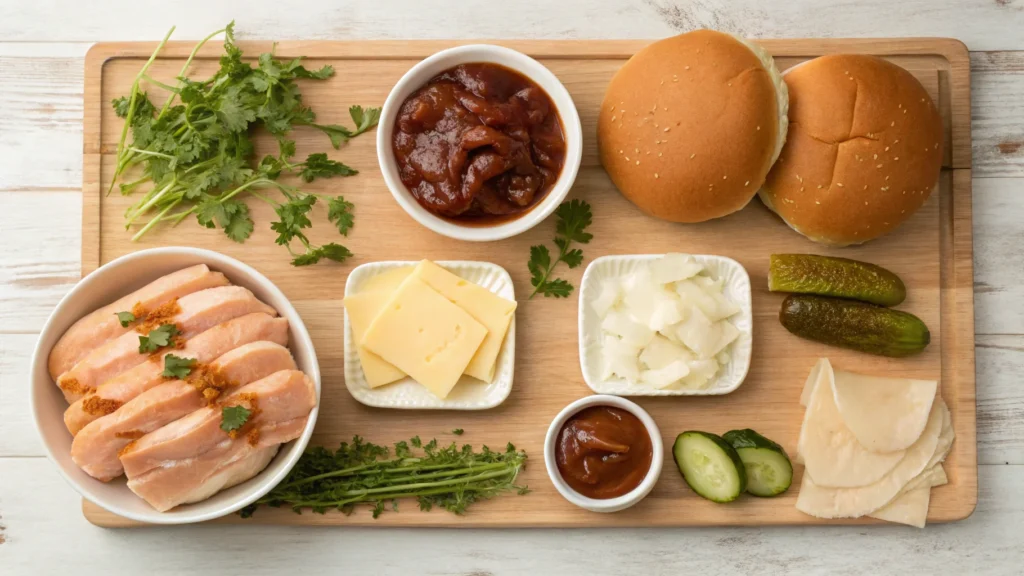 Essential ingredients for barbecue chicken sliders on a wooden countertop.