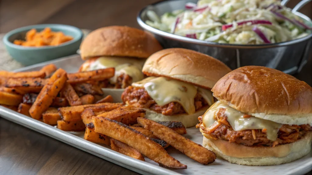 Barbecue chicken sliders with sweet potato fries and coleslaw.