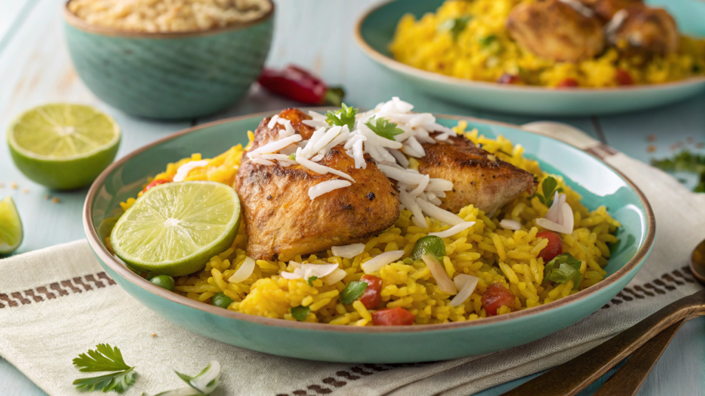 Yellow rice with saffron and vegetables cooking in a skillet