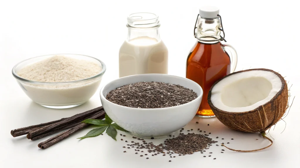 Ingredients for chia seed pudding with coconut milk, including chia seeds and syrup