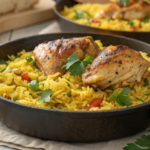 Chicken and yellow rice recipe served in a skillet