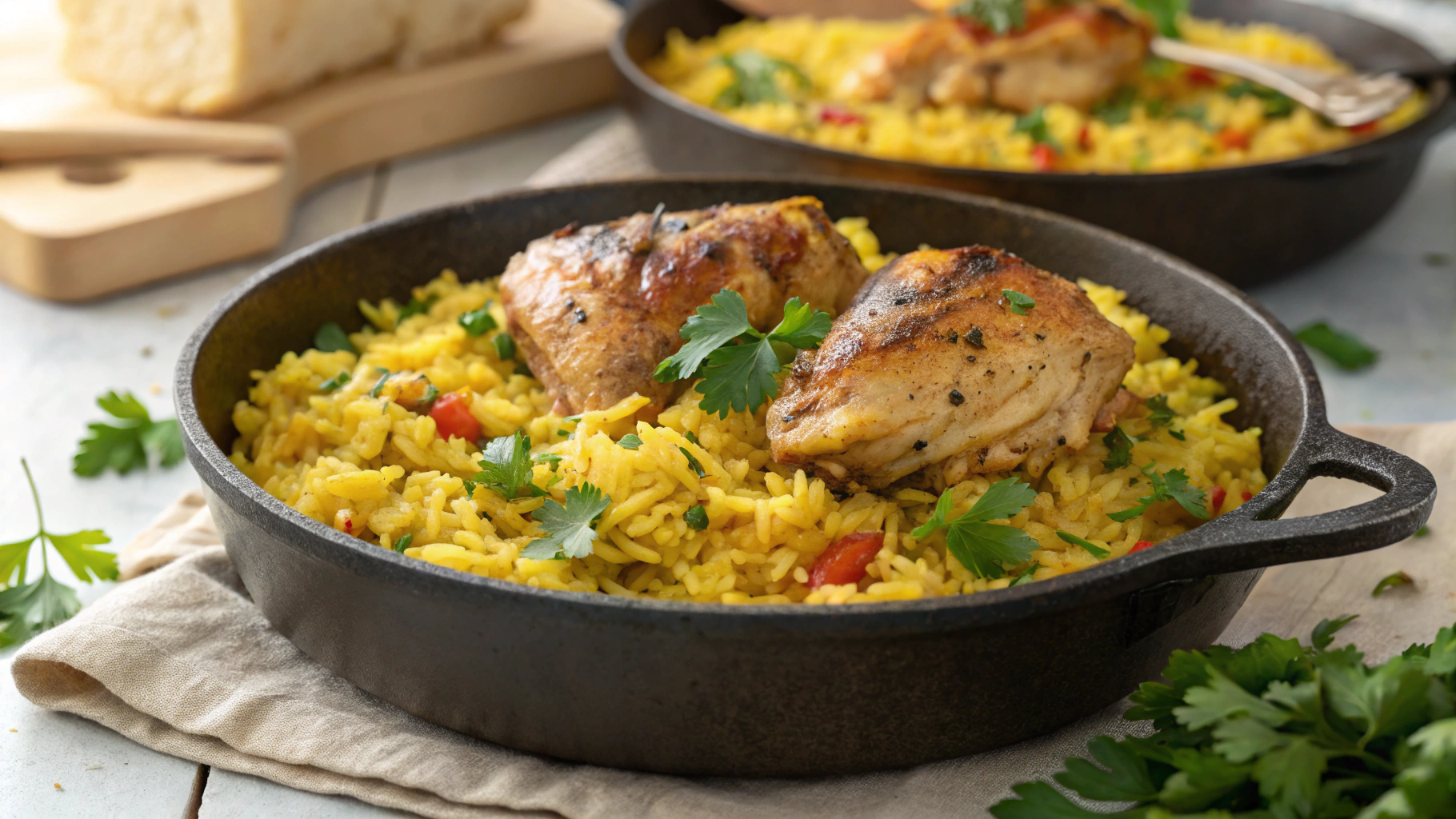 Chicken and yellow rice recipe served in a skillet