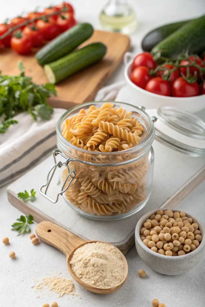 Chickpea Pasta and Nutritional Ingredients on Kitchen Counter