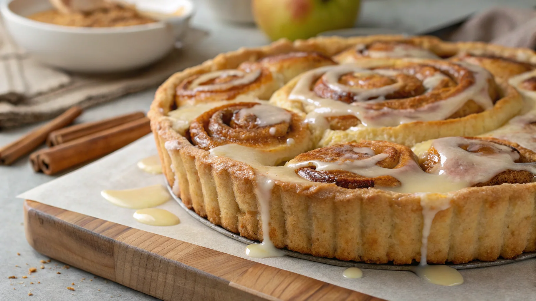 Cinnamon Roll Apple Pie topped with glaze.