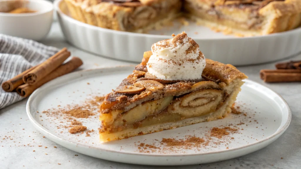 A slice of Cinnamon Roll Apple Pie with cinnamon roll crust.