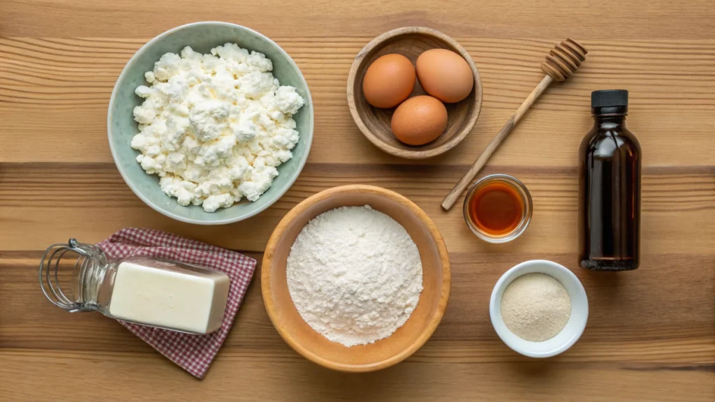 Ingredients for cottage cheese pancakes.