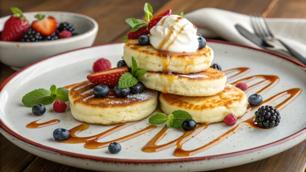 Cottage cheese pancakes with diverse toppings.