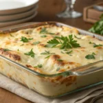 Creamy Alfredo lasagna baked to golden perfection