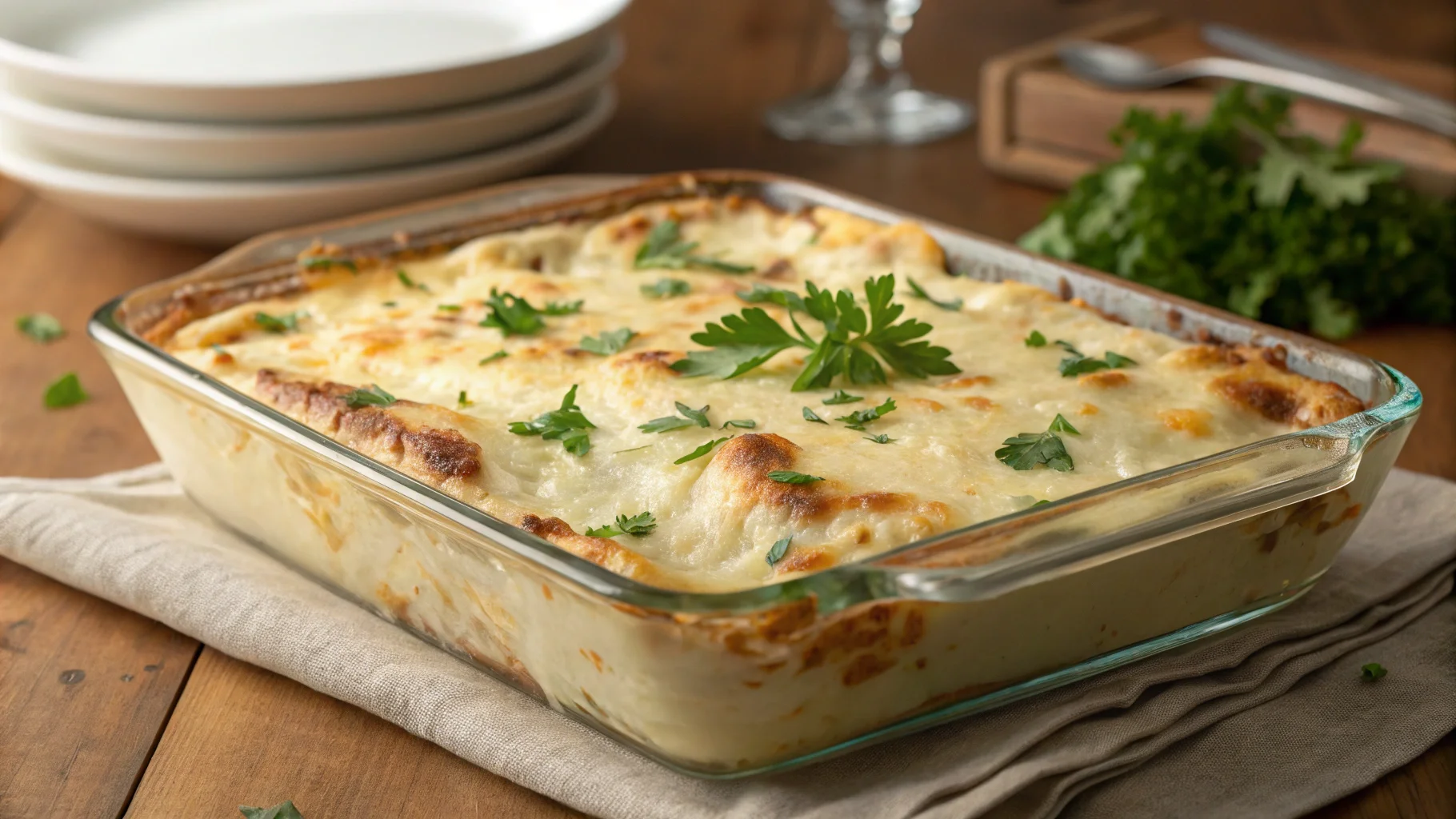 Creamy Alfredo lasagna baked to golden perfection