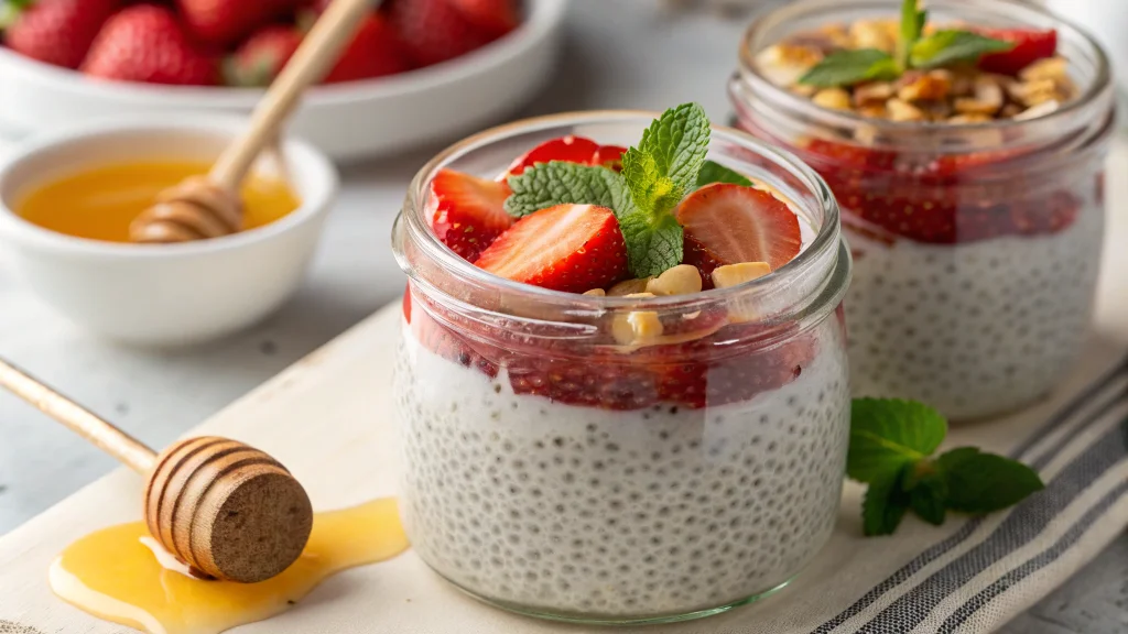 Creamy chia seed pudding with coconut milk topped with strawberries