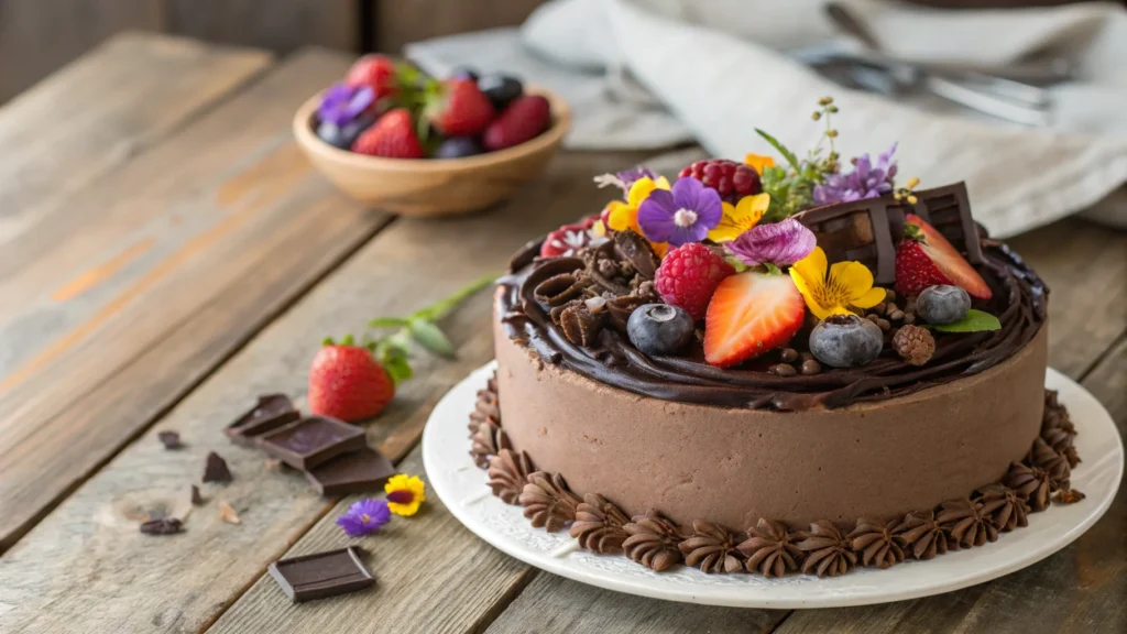 Decorated gluten-free chocolate cake with toppings.