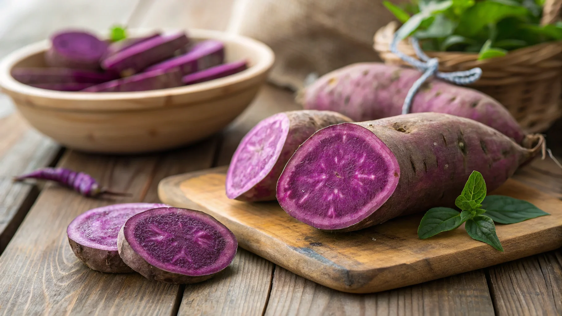 Fresh purple sweet potatoes on a rustic table