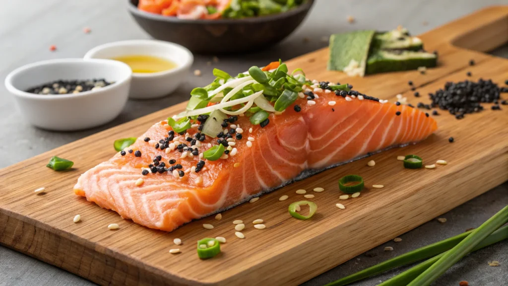 Fresh sushi-grade salmon fillets with poke bowl toppings.