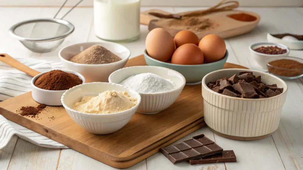 Gluten-free baking ingredients for chocolate cake.