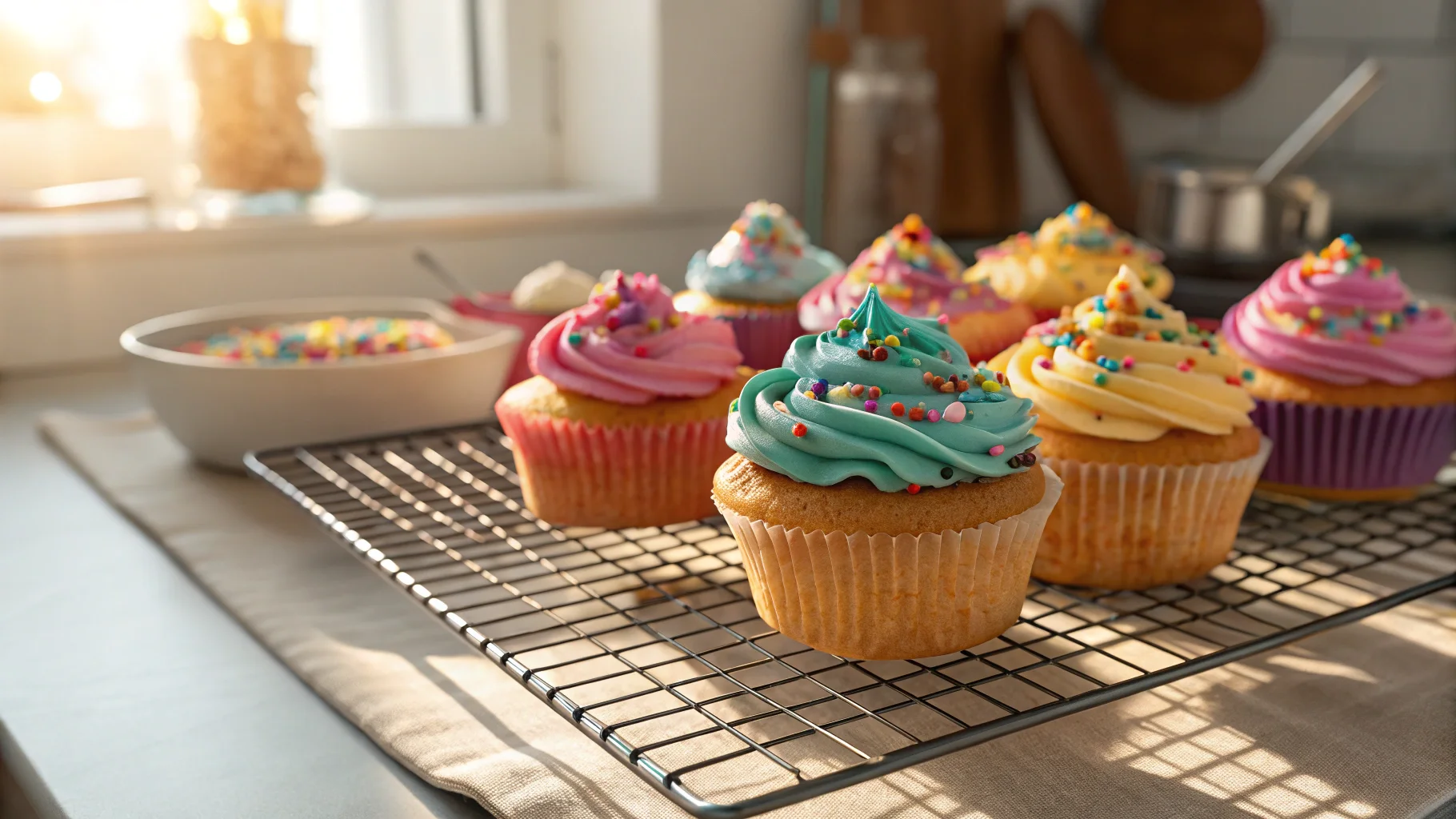 Freshly baked gluten-free cupcakes with colorful frosting.