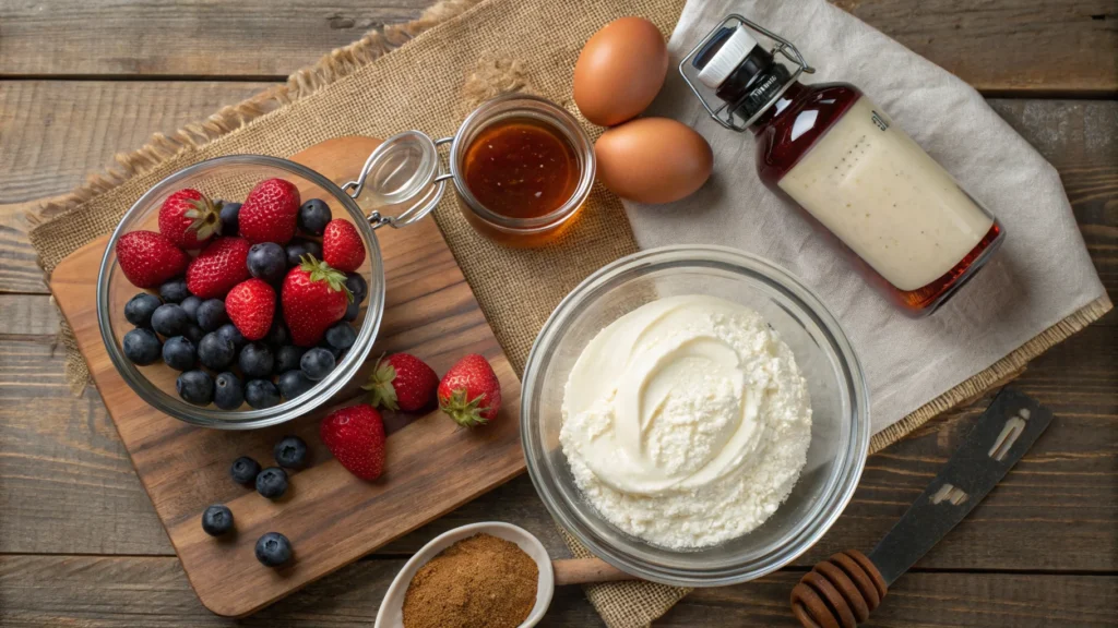 Ingredients for a healthy cheesecake recipe, including Greek yogurt, maple syrup, and almond flour, laid on a rustic table.