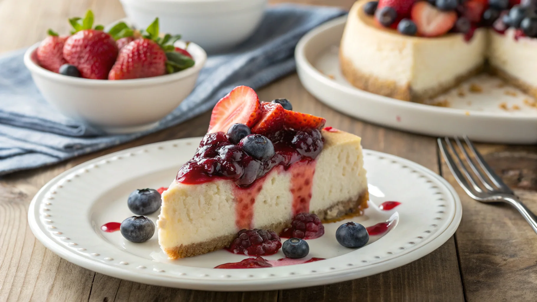 Close-up of a slice of healthy cheesecake with fresh berries on a white plate.