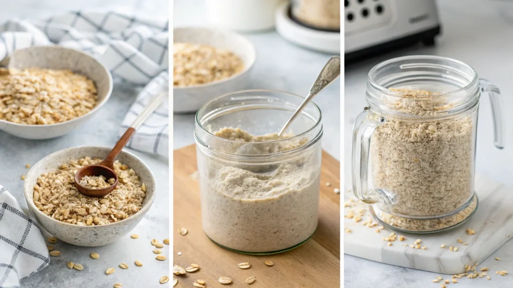 Homemade oat flour made by blending rolled oats.