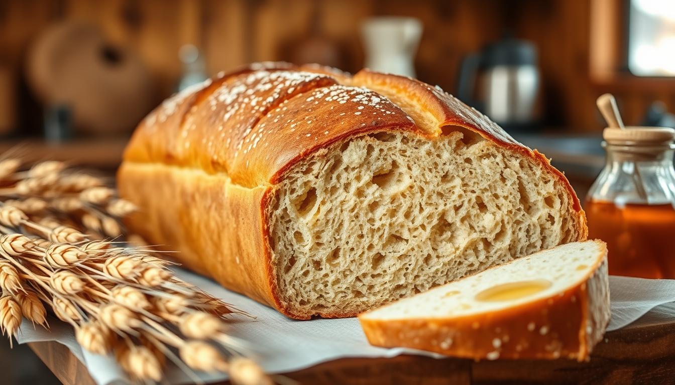 Homemade honey wheat bread recipe loaf on a wooden board.