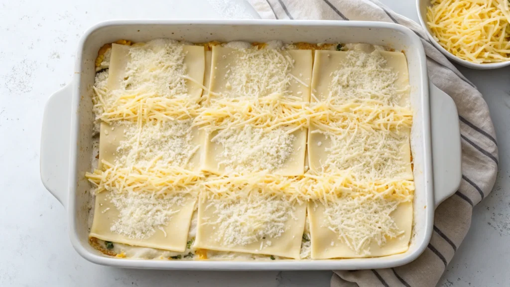 Layering Alfredo lasagna step by step