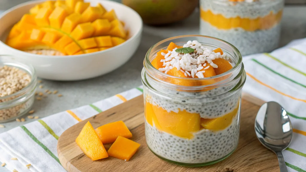 Layered chia seed pudding with coconut milk and mango slices