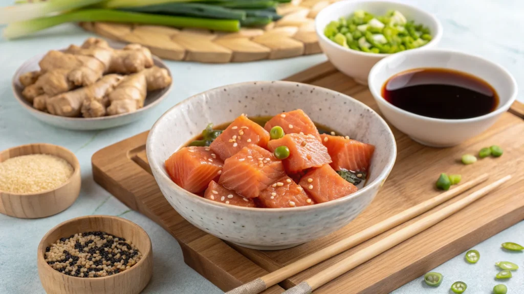 Marinated salmon cubes in soy sauce and sesame oil.