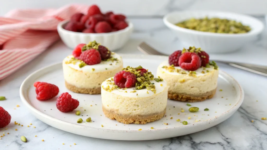 Mini vegan cheesecakes with cashew cream and garnished with nuts.