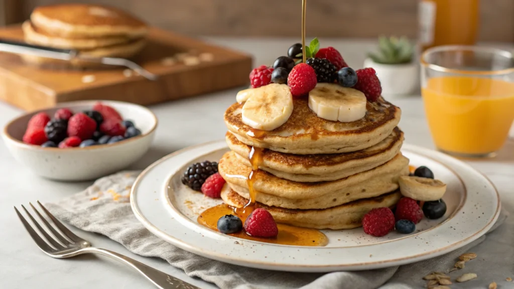 Oat flour recipes for pancakes with fresh fruit and maple syrup.