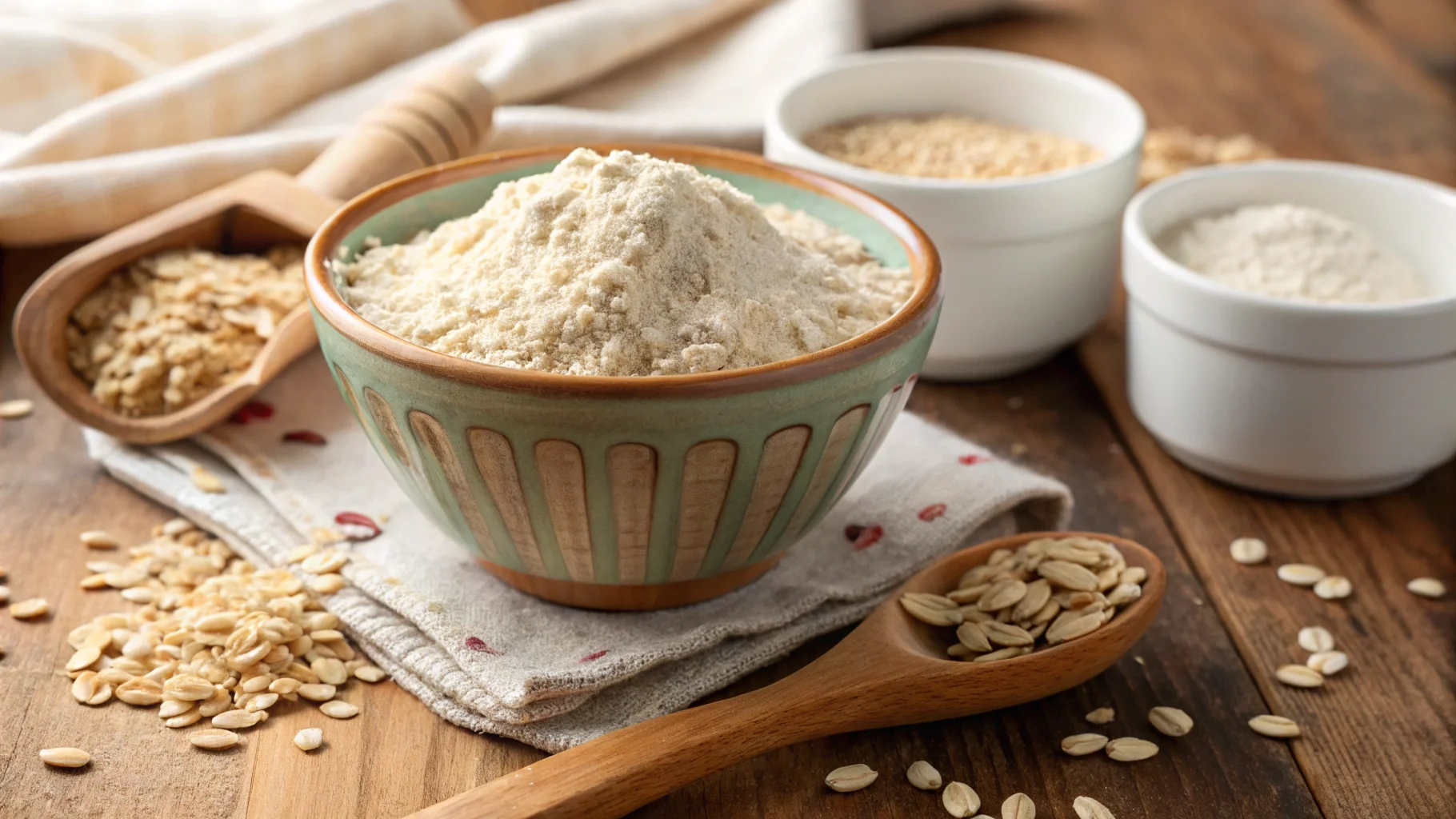 Oat flour recipes featuring a bowl of oat flour with oats and a wooden spoon.