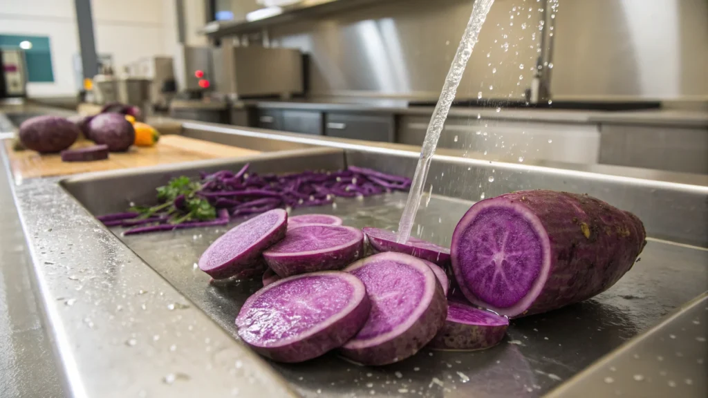 Washing and peeling purple sweet potatoes